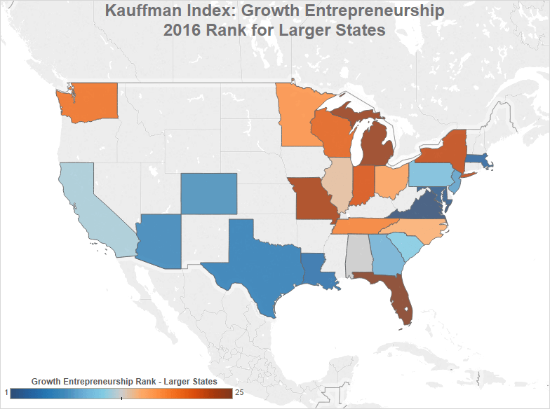 larger states with most startup growth and entrepreneurship according to the Kauffman Index