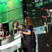 celebrations on stage at TechCrunch Disrupt SF in 2016