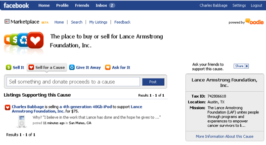 Facebook Marketplace benefiting the Lance Armstrong Foundation